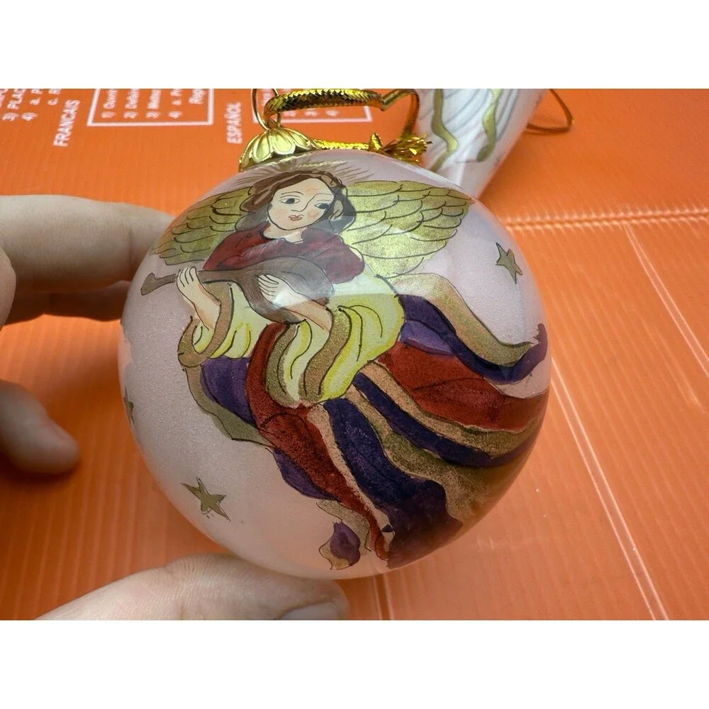 2 LI BIEN Pier One Glass Ornaments Reverse Painted Angels Round 1998 Tear Drop